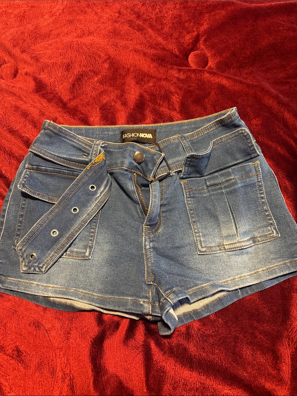 Fashion Nova Blue Denim High-Rise Utility Belted Shorts